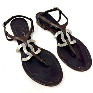 Chanel Dark Brown Leather Silver CC Logo T-Strap Thong Sandals